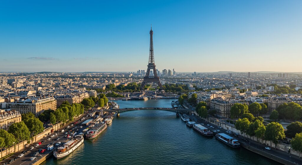 Monteurunterkünfte in Frankreich mieten: Ein weitläufiger Panoramablick über Paris mit der Seine im Vordergrund und dem Eiffelturm als zentralem Wahrzeichen unter klarem blauem Himmel.